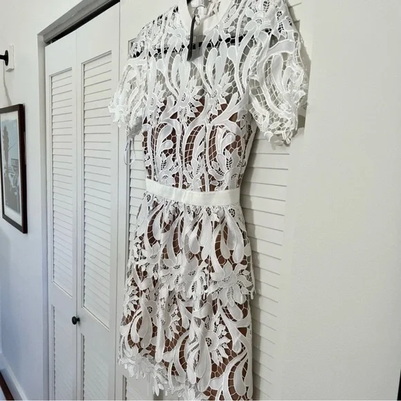 SELF-PORTRAIT White Grosgrain-trimmed guipure lace mini dress SELF-PORTRAIT White Grosgrain-trimmed guipure lace mini dress